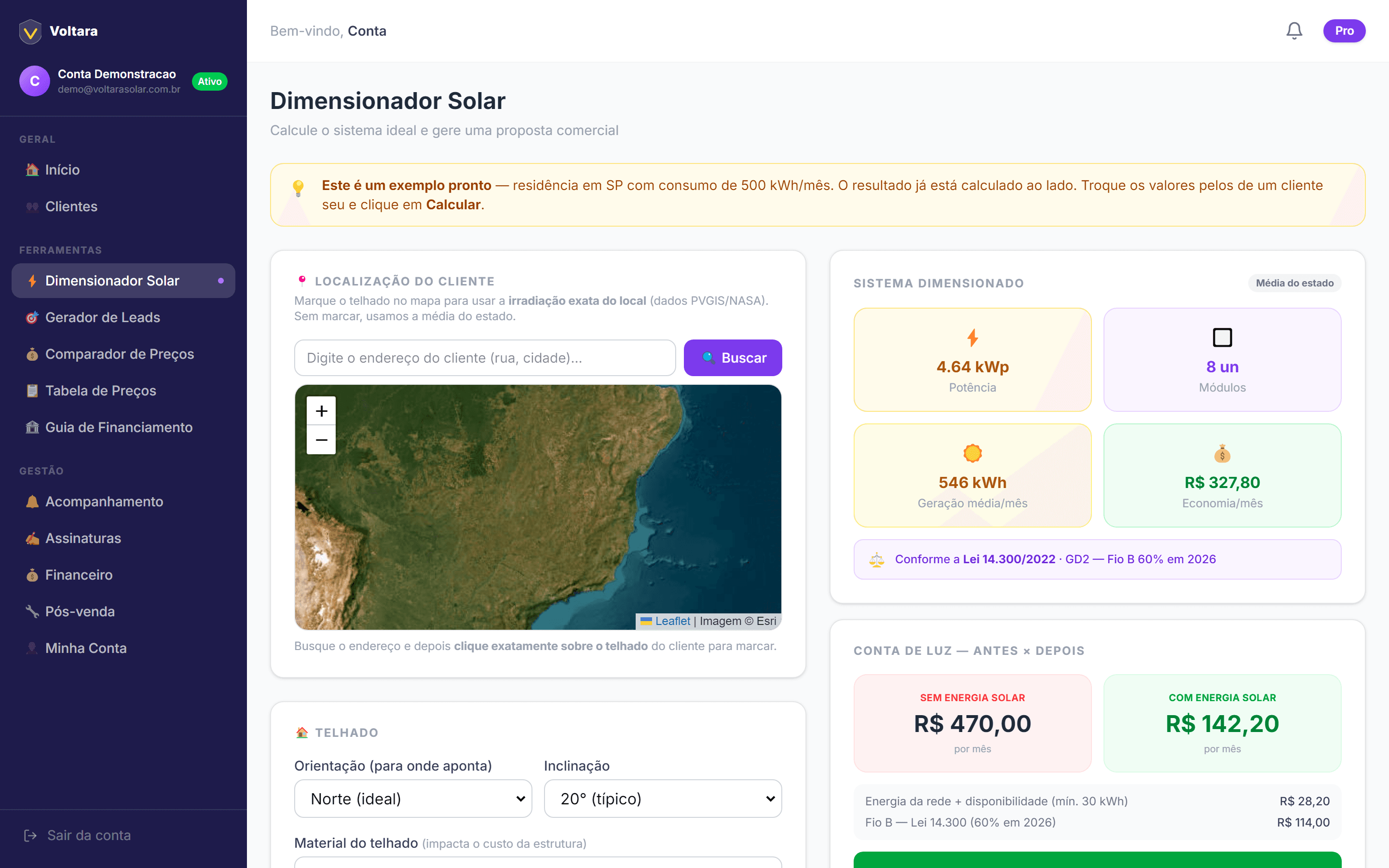 Dimensionador solar com mapa de satélite e resultado em tempo real